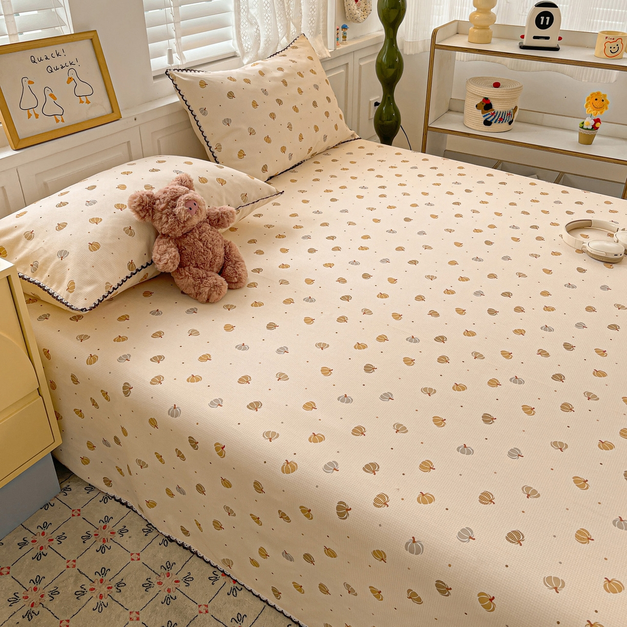 91家纺网 家纺一手货源 找家纺 纽缦家纺 2026新款舒适透气细沙卡通印花花边老粗布床单凉席席子 南瓜集市-桔