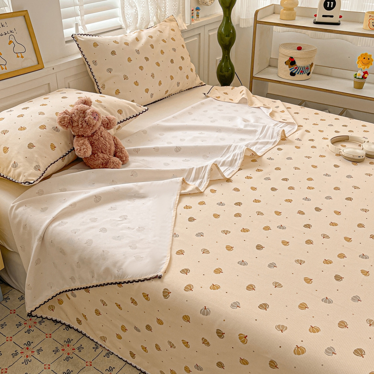 91家纺网 家纺一手货源 找家纺 纽缦家纺 2026新款舒适透气细沙卡通印花花边老粗布床单凉席席子 南瓜集市-桔