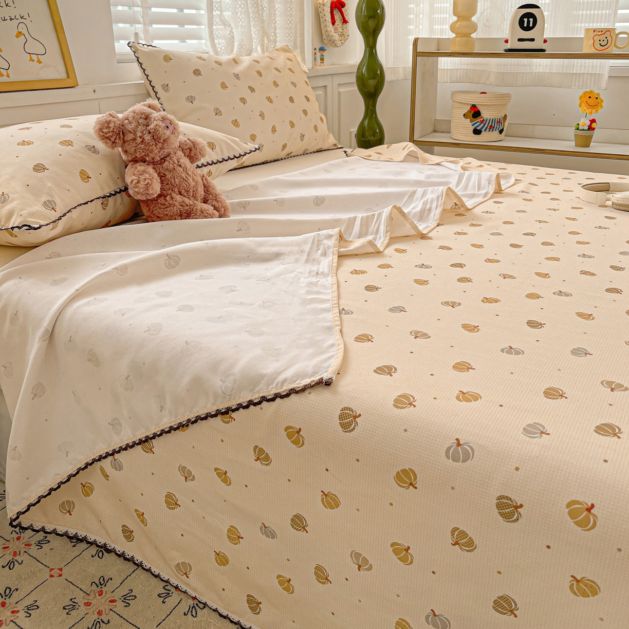 91家纺网 家纺一手货源 找家纺 纽缦家纺 2026新款舒适透气细沙卡通印花花边老粗布床单凉席席子 南瓜集市-桔