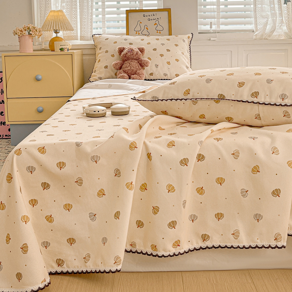 91家纺网 家纺一手货源 找家纺 纽缦家纺 2026新款舒适透气细沙卡通印花花边老粗布床单凉席席子 南瓜集市-桔