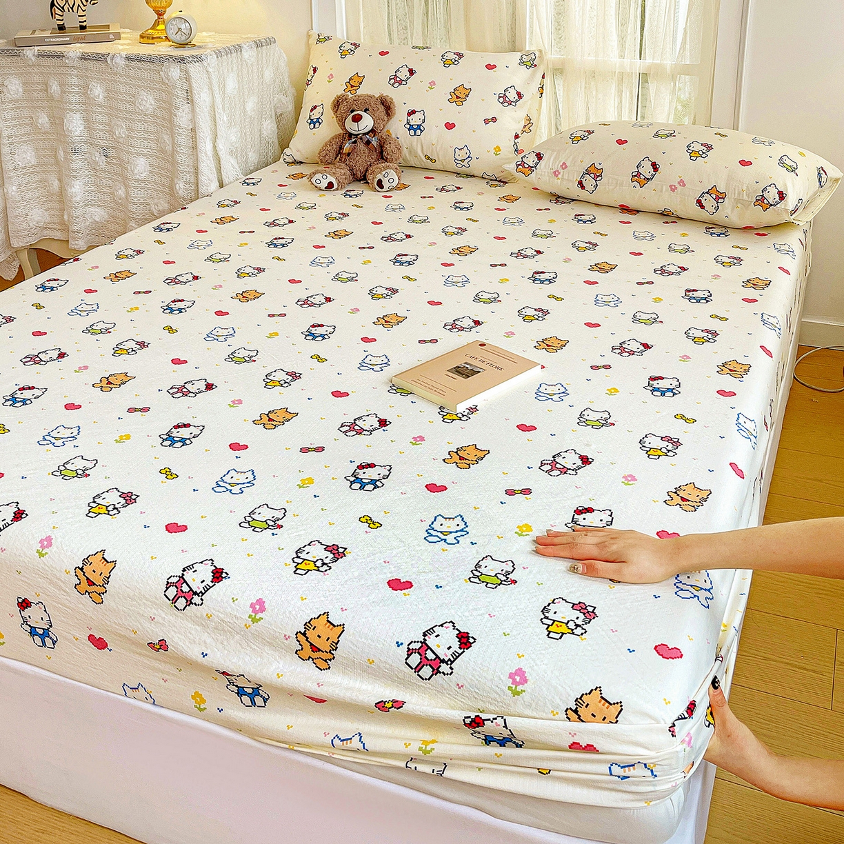 纽缦家纺 2026春夏新款云感提花双层纱单床笠 床笠单件 像素小猫