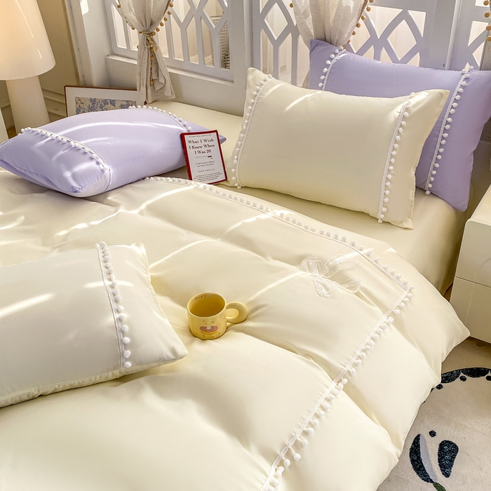 91家纺网 家纺一手货源 找家纺 七七家纺 2026新款亲肤磨毛马卡龙小毛球四件套 小毛球-奶白