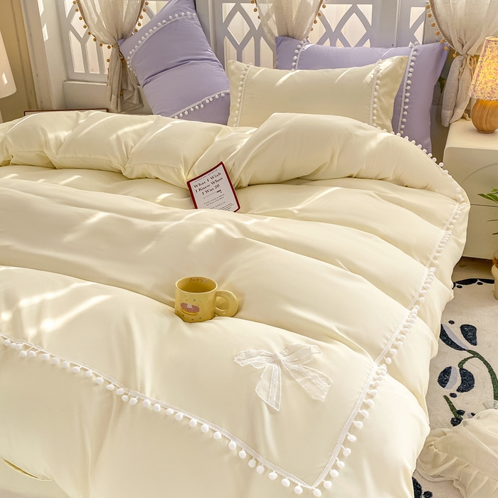 91家纺网 家纺一手货源 找家纺 七七家纺 2026新款亲肤磨毛马卡龙小毛球四件套 小毛球-奶白