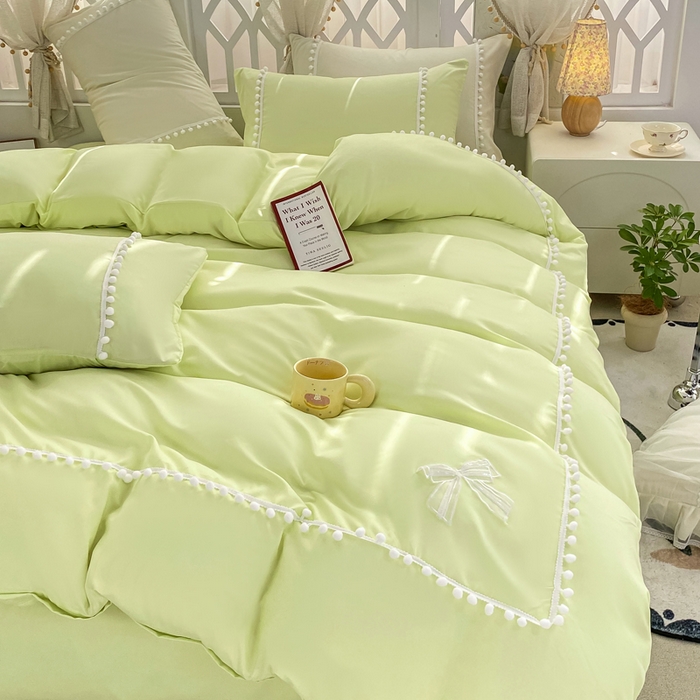 91家纺网 家纺一手货源 找家纺 七七家纺 2026新款亲肤磨毛马卡龙小毛球四件套 小毛球-柠绿