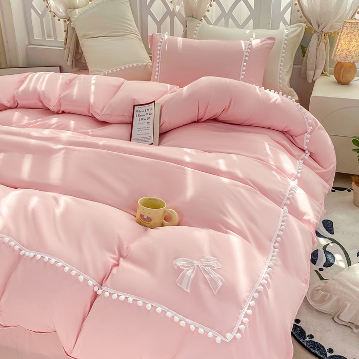 91家纺网 家纺一手货源 找家纺 七七家纺 2026新款亲肤磨毛马卡龙小毛球四件套 小毛球-粉玉