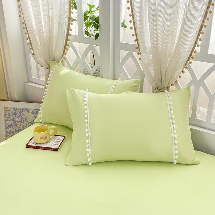 91家纺网 家纺一手货源 找家纺 七七家纺 2026新款亲肤磨毛马卡龙小毛球四件套 小毛球-柠绿