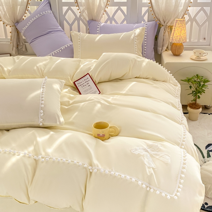 91家纺网 家纺一手货源 找家纺 七七家纺 2026新款亲肤磨毛马卡龙小毛球四件套 小毛球-奶白