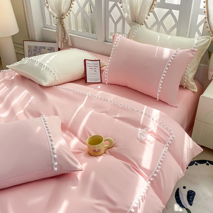 91家纺网 家纺一手货源 找家纺 七七家纺 2026新款亲肤磨毛马卡龙小毛球四件套 小毛球-粉玉