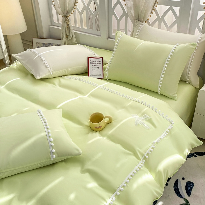 91家纺网 家纺一手货源 找家纺 七七家纺 2026新款亲肤磨毛马卡龙小毛球四件套 小毛球-柠绿