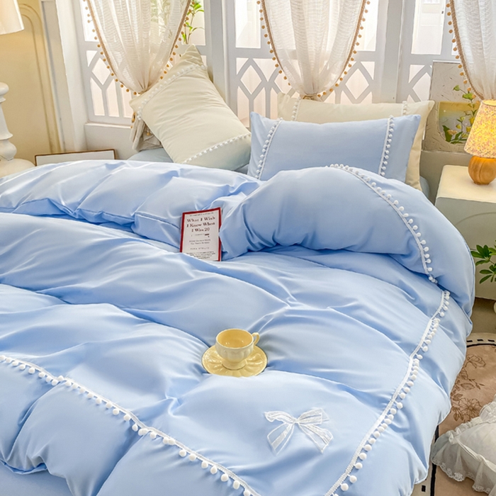 91家纺网 家纺一手货源 找家纺 七七家纺 2026新款亲肤磨毛马卡龙小毛球四件套 小毛球-天蓝