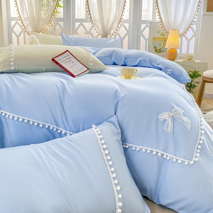 91家纺网 家纺一手货源 找家纺 七七家纺 2026新款亲肤磨毛马卡龙小毛球四件套 小毛球-天蓝