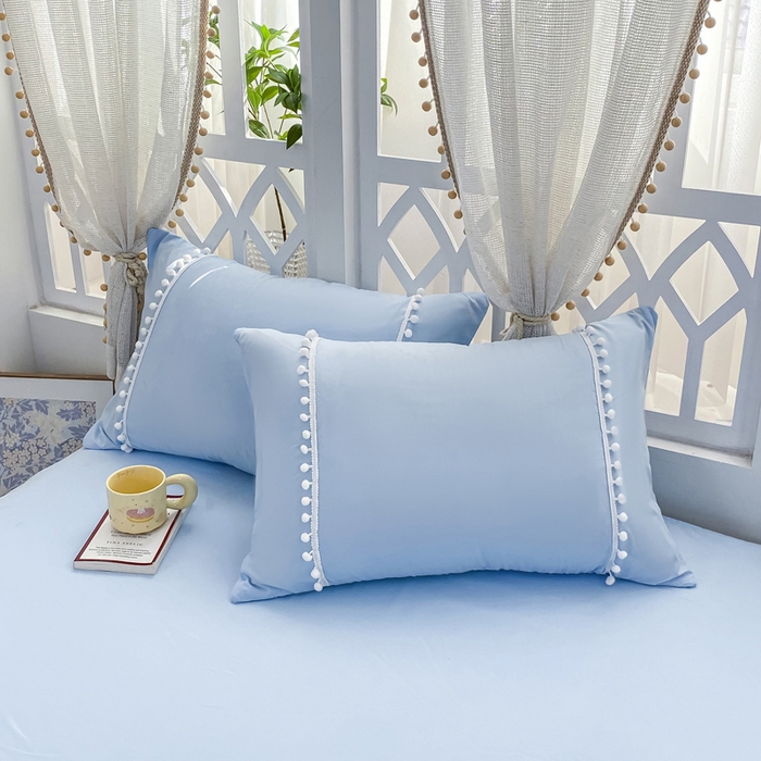 91家纺网 家纺一手货源 找家纺 七七家纺 2026新款亲肤磨毛马卡龙小毛球四件套 小毛球-天蓝