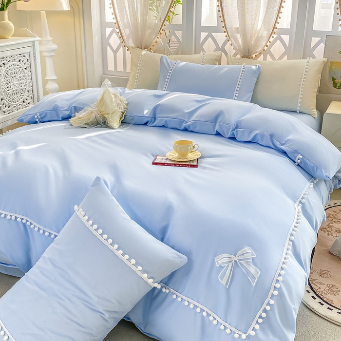 91家纺网 家纺一手货源 找家纺 七七家纺 2026新款亲肤磨毛马卡龙小毛球四件套 小毛球-天蓝