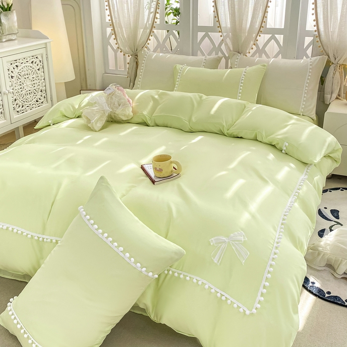 91家纺网 家纺一手货源 找家纺 七七家纺 2026新款亲肤磨毛马卡龙小毛球四件套 小毛球-柠绿