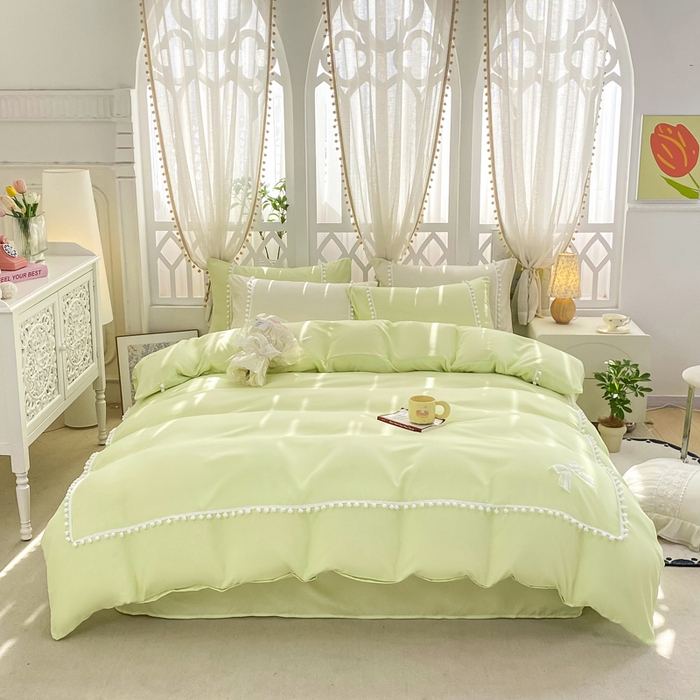 91家纺网 家纺一手货源 找家纺 七七家纺 2026新款亲肤磨毛马卡龙小毛球四件套 小毛球-柠绿