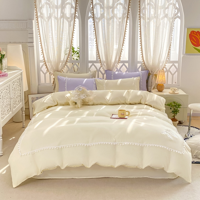 91家纺网 家纺一手货源 找家纺 七七家纺 2026新款亲肤磨毛马卡龙小毛球四件套 小毛球-奶白