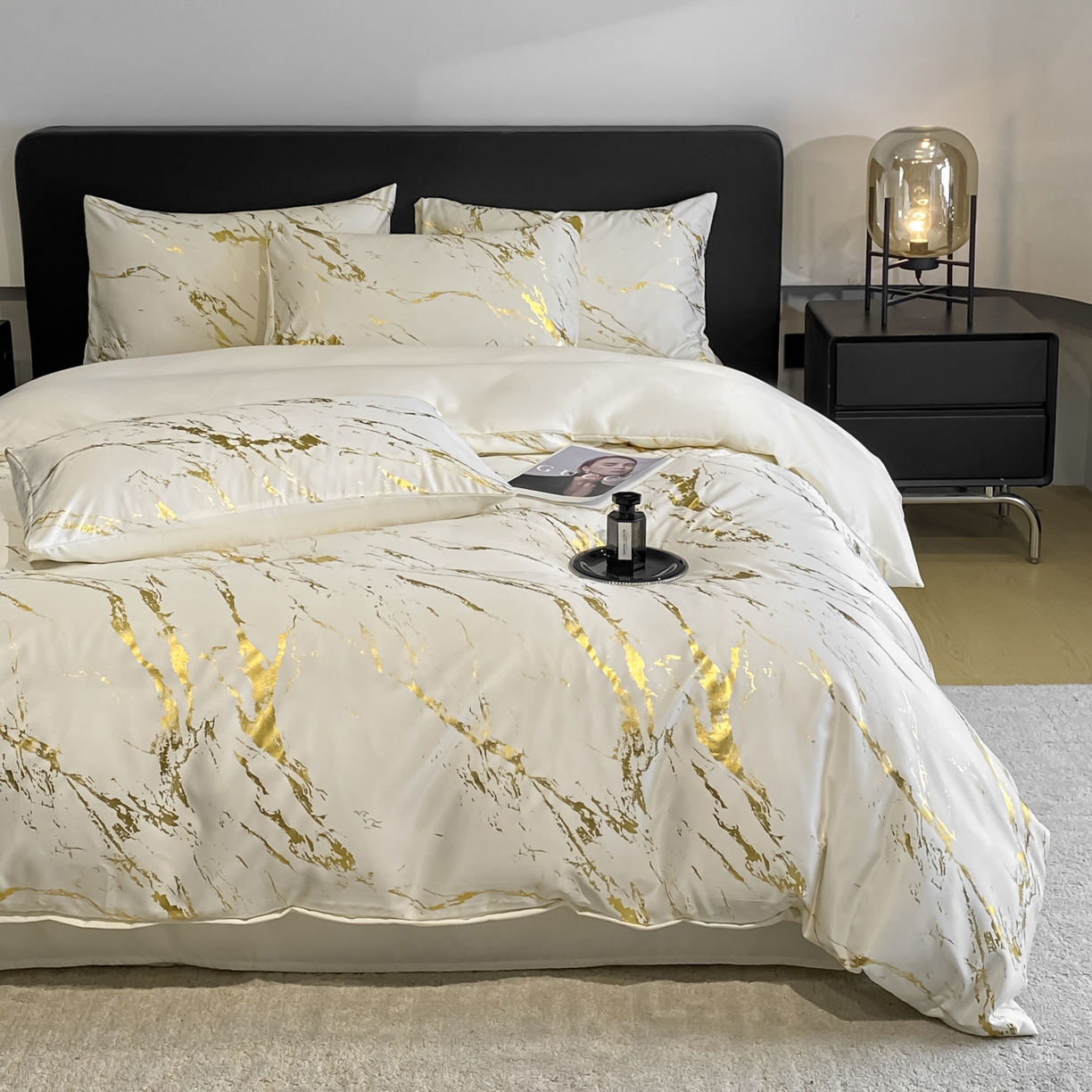 91家纺网 家纺一手货源 找家纺 （总）宇航家纺 2026新款简约烫金冷淡风水洗真丝四件套-大理石纹系列