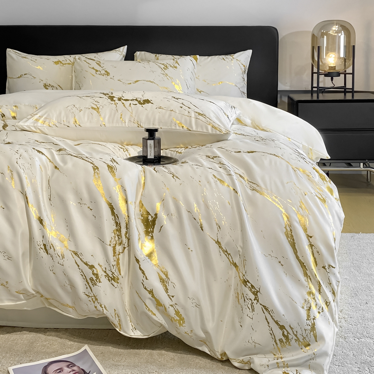 91家纺网 家纺一手货源 找家纺 （总）宇航家纺 2026新款简约烫金冷淡风水洗真丝四件套-大理石纹系列