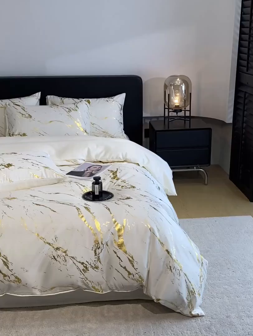 91家纺网 家纺一手货源 找家纺 （总）宇航家纺 2026新款简约烫金冷淡风水洗真丝四件套-大理石纹系列