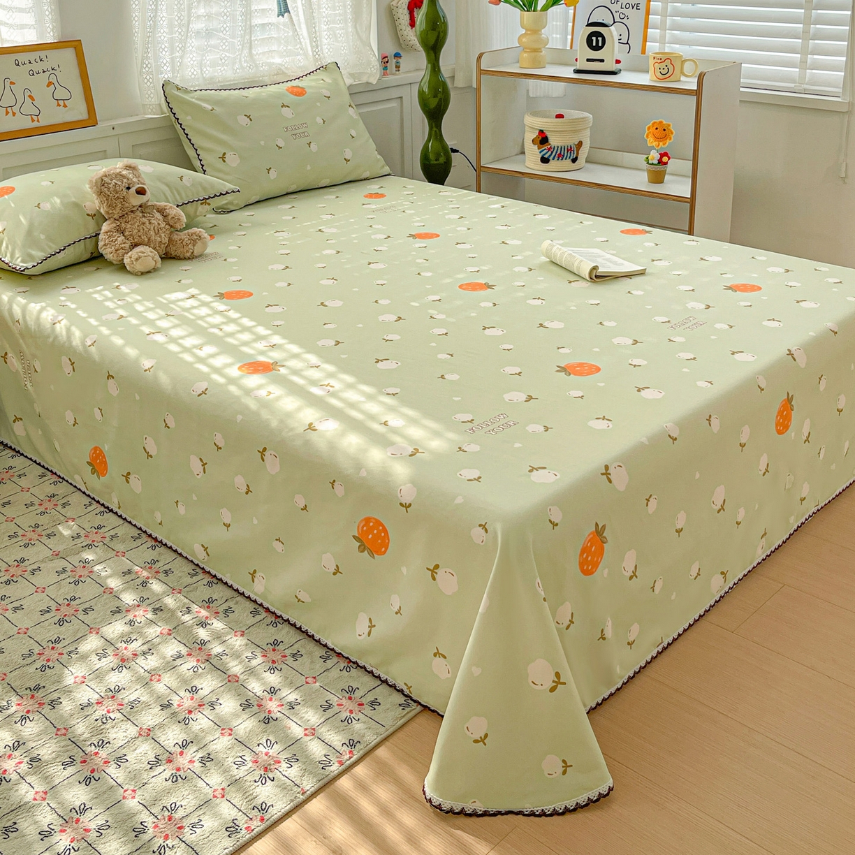 纽缦家纺 2026新款舒适透气细沙卡通印花花边老粗布床单凉席席子 清香莓果-绿