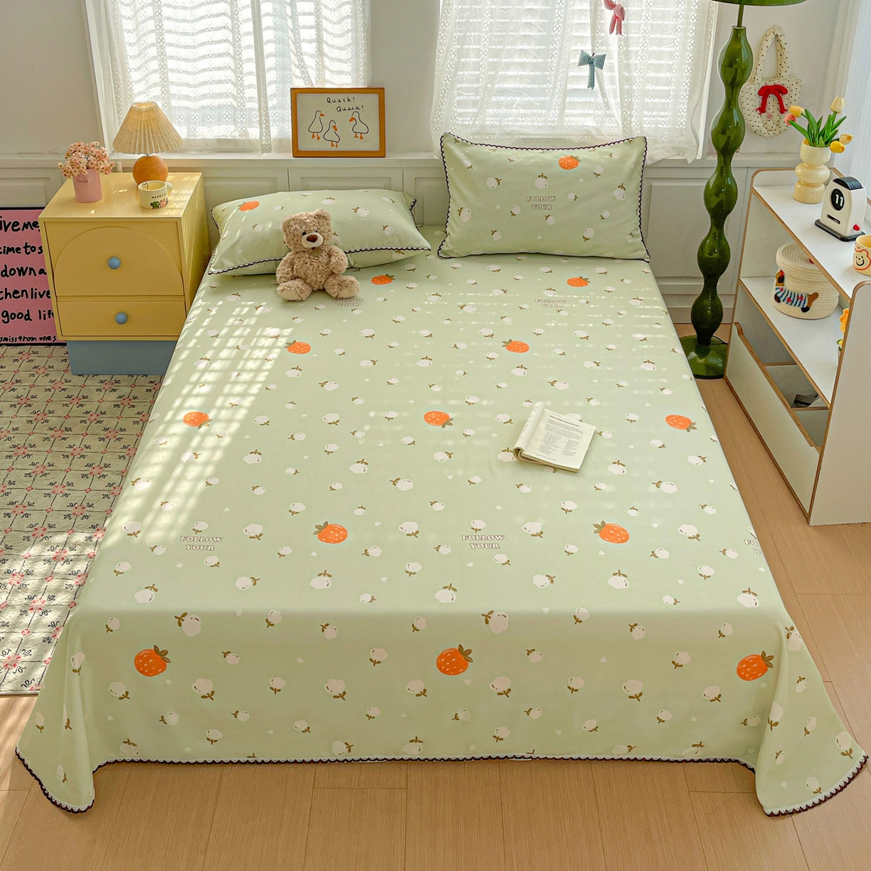 91家纺网 家纺一手货源 找家纺 纽缦家纺 2026新款舒适透气细沙卡通印花花边老粗布床单凉席席子 清香莓果-绿