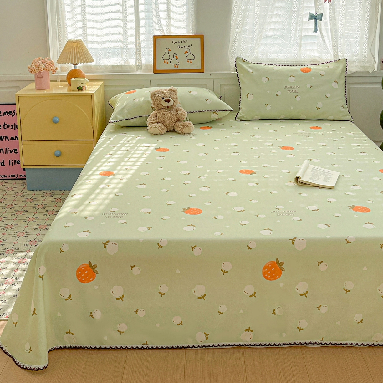 91家纺网 家纺一手货源 找家纺 纽缦家纺 2026新款舒适透气细沙卡通印花花边老粗布床单凉席席子 清香莓果-绿