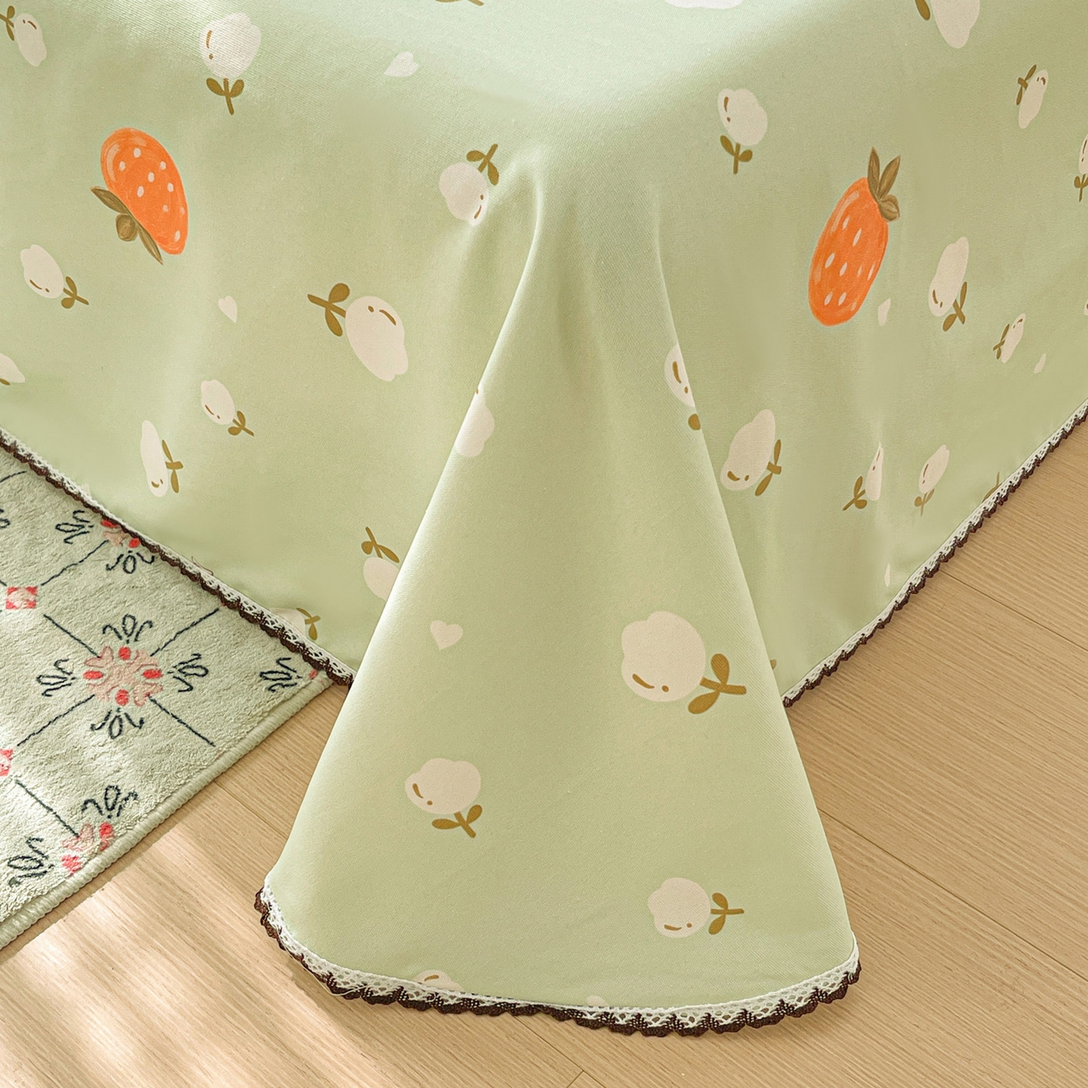 91家纺网 家纺一手货源 找家纺 纽缦家纺 2026新款舒适透气细沙卡通印花花边老粗布床单凉席席子 清香莓果-绿