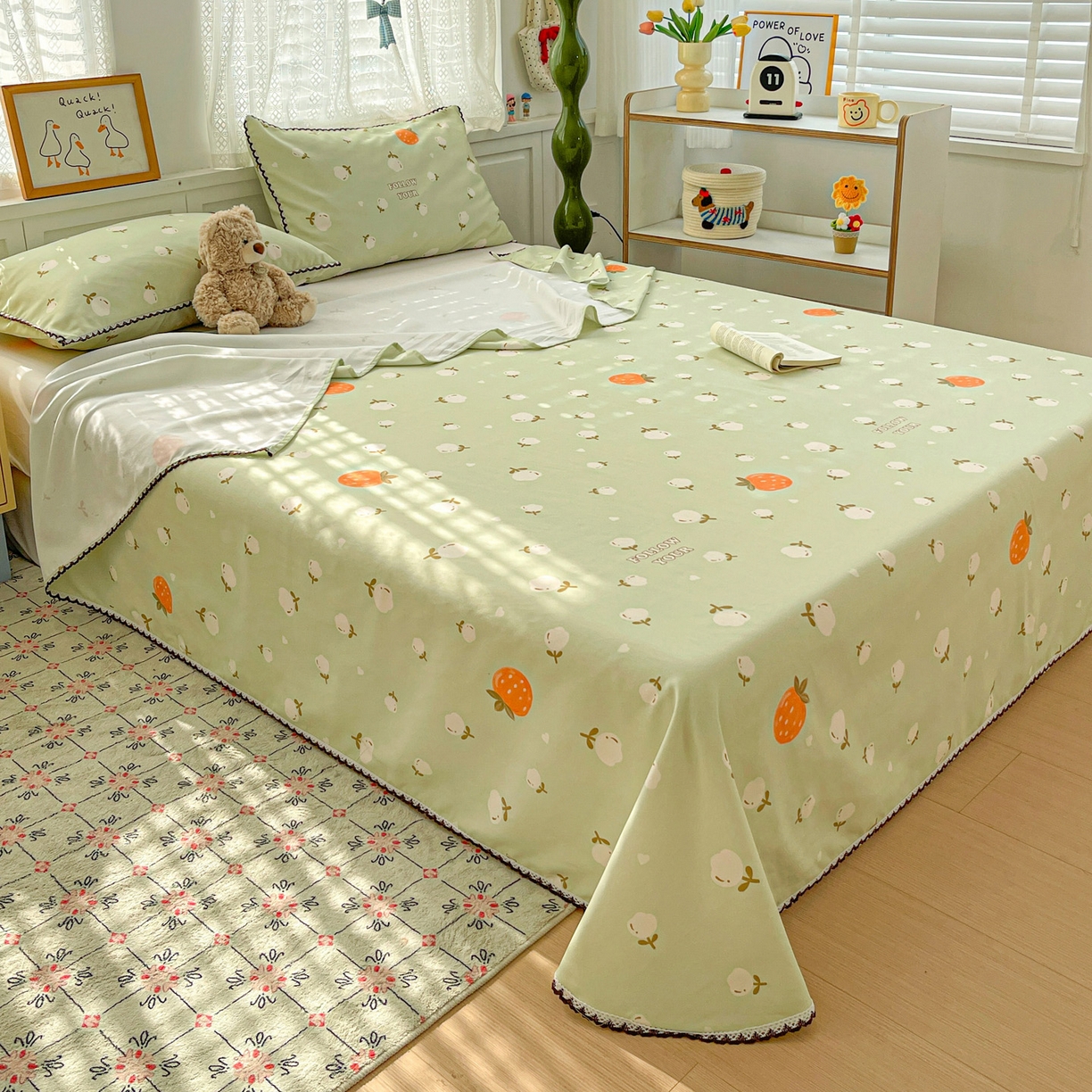 91家纺网 家纺一手货源 找家纺 纽缦家纺 2026新款舒适透气细沙卡通印花花边老粗布床单凉席席子 清香莓果-绿