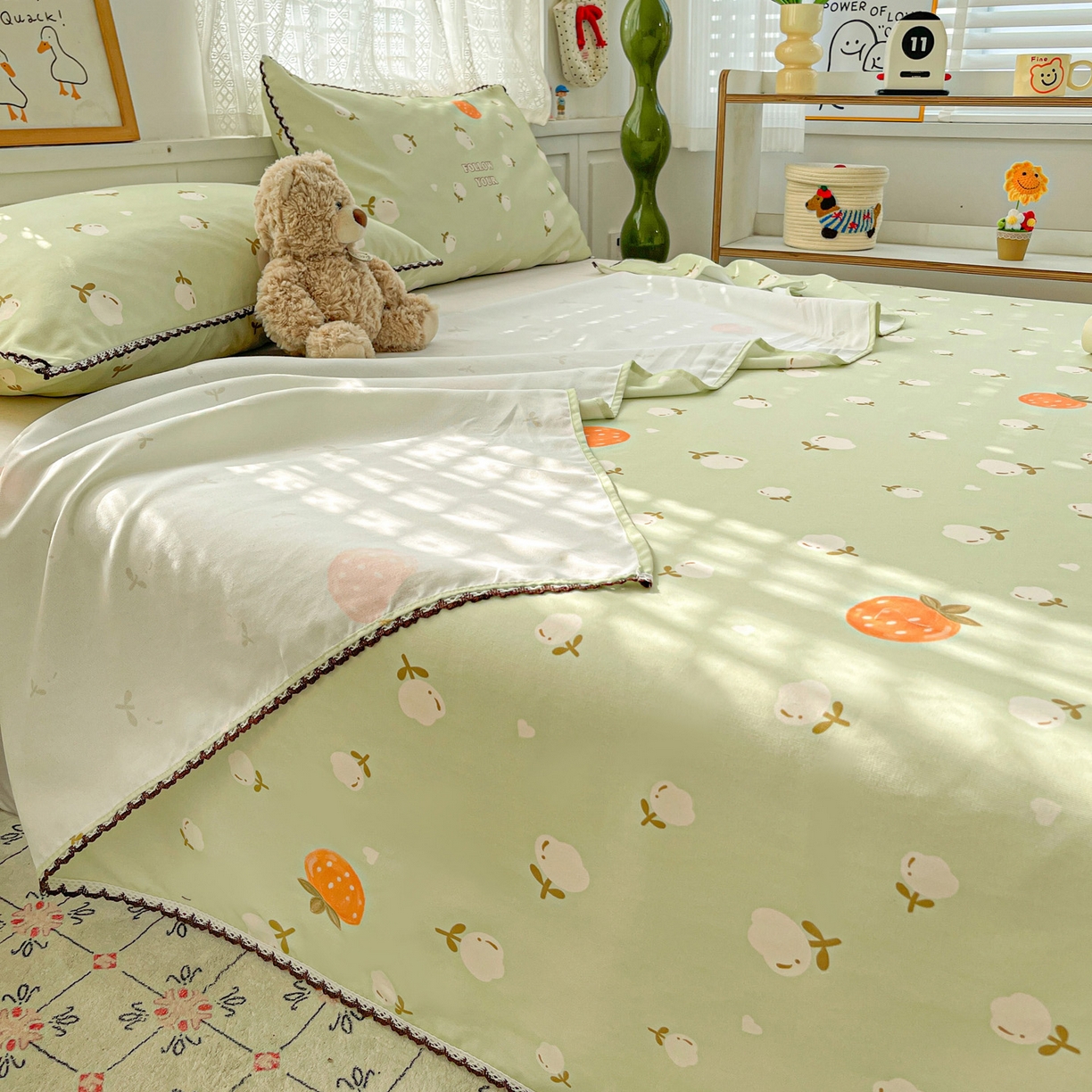 91家纺网 家纺一手货源 找家纺 纽缦家纺 2026新款舒适透气细沙卡通印花花边老粗布床单凉席席子 清香莓果-绿