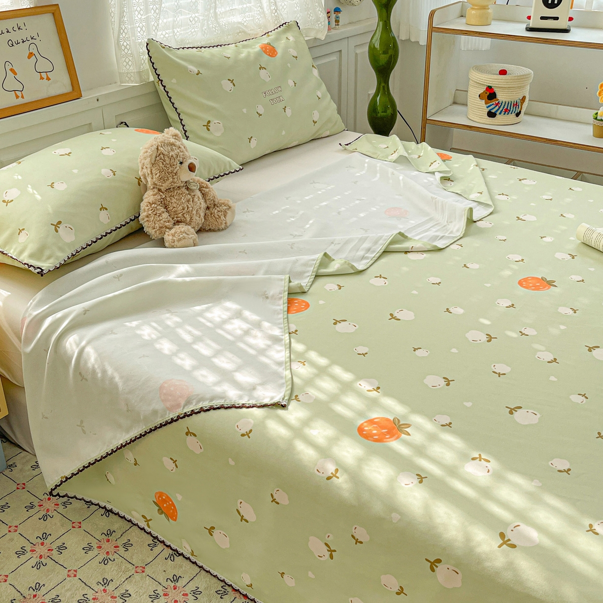 91家纺网 家纺一手货源 找家纺 纽缦家纺 2026新款舒适透气细沙卡通印花花边老粗布床单凉席席子 清香莓果-绿