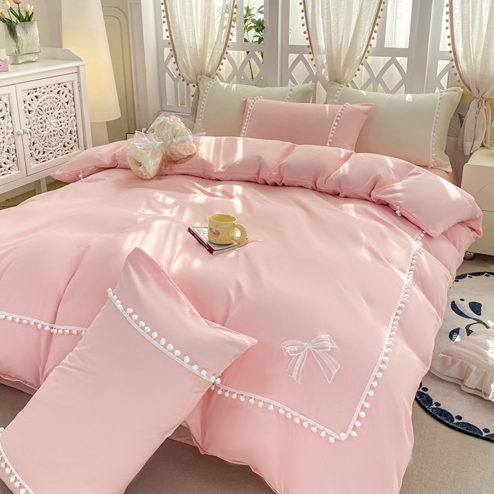 91家纺网 家纺一手货源 找家纺 七七家纺 2026新款亲肤磨毛马卡龙小毛球四件套 小毛球-粉玉