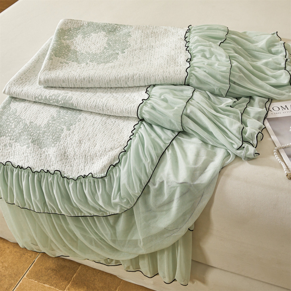 91家纺网 家纺一手货源 找家纺 恒爱家纺 2026新款南极豆超细旦软席三件套 甜蜜生活-绿