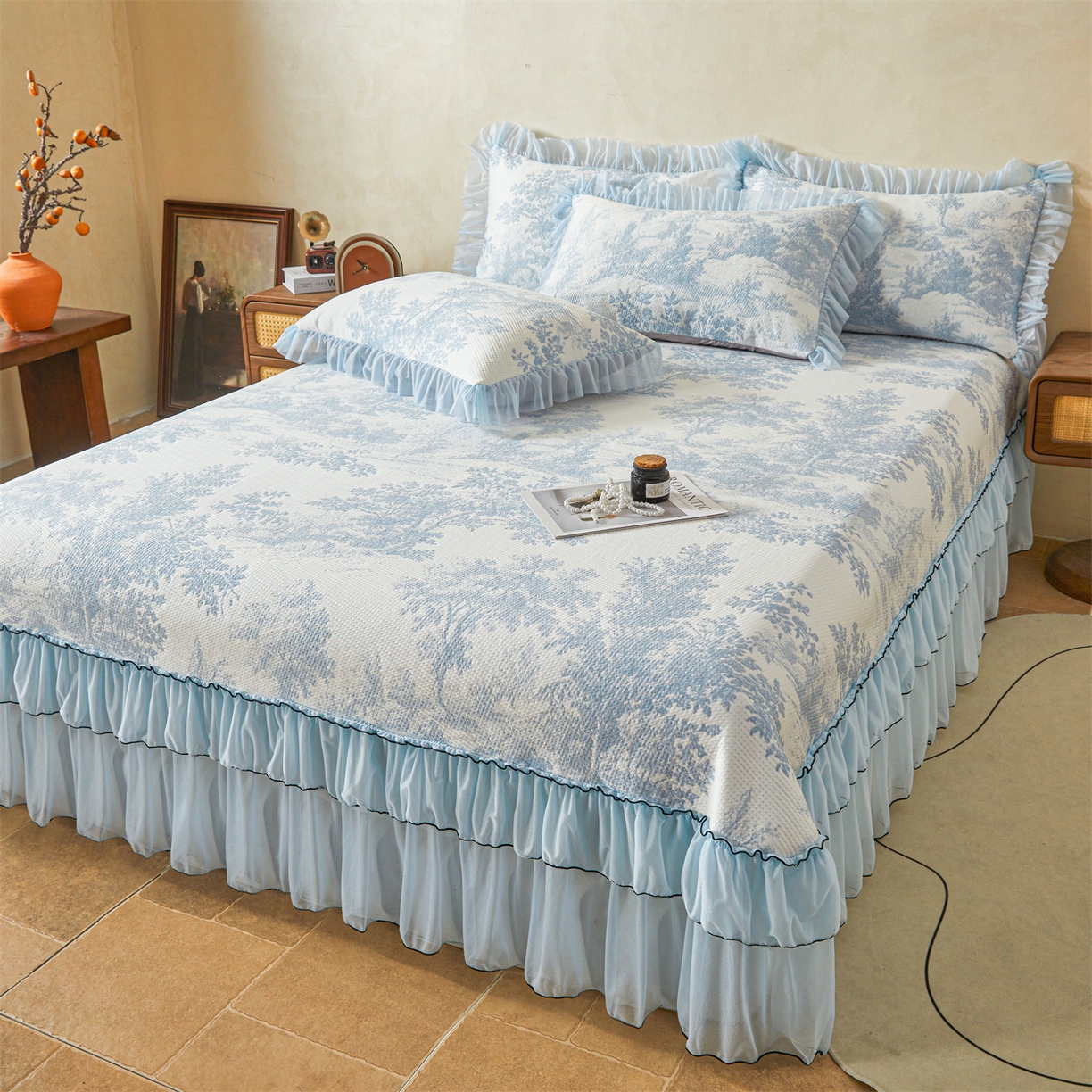 91家纺网 家纺一手货源 找家纺 恒爱家纺 2026新款南极豆超细旦软席三件套 沙漠胡杨-蓝