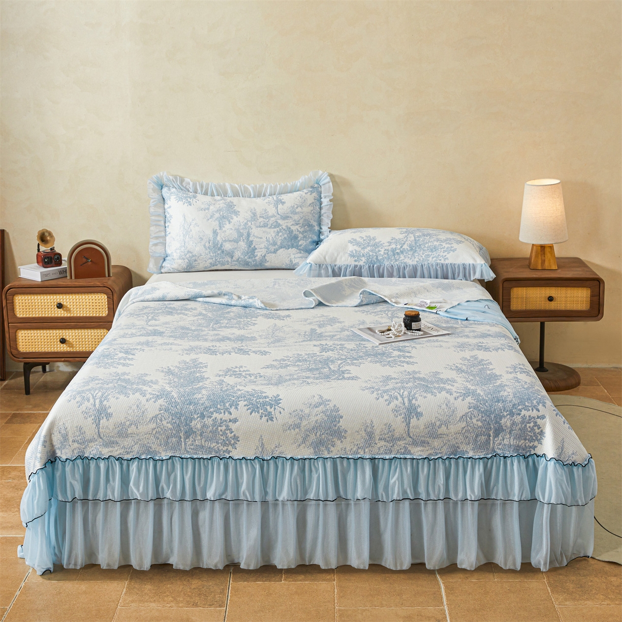 91家纺网 家纺一手货源 找家纺 恒爱家纺 2026新款南极豆超细旦软席三件套 沙漠胡杨-蓝