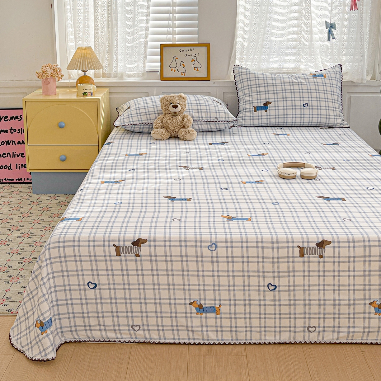 91家纺网 家纺一手货源 找家纺 纽缦家纺 2026新款舒适透气细沙卡通印花花边老粗布床单凉席席子 英伦小狗-蓝