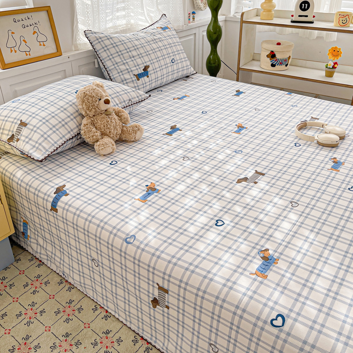 91家纺网 家纺一手货源 找家纺 纽缦家纺 2026新款舒适透气细沙卡通印花花边老粗布床单凉席席子 英伦小狗-蓝