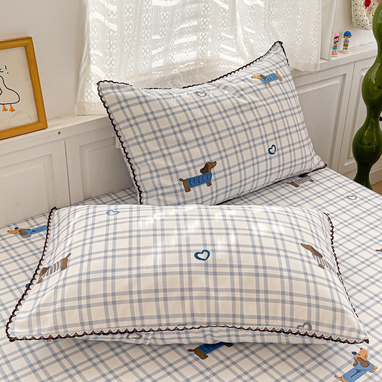 91家纺网 家纺一手货源 找家纺 纽缦家纺 2026新款舒适透气细沙卡通印花花边老粗布床单凉席席子 英伦小狗-蓝