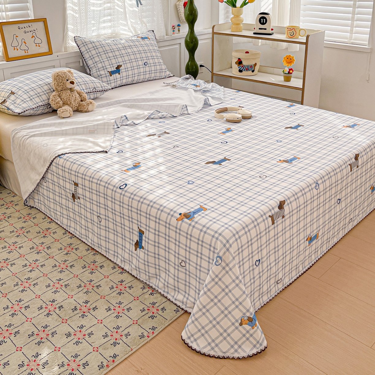 91家纺网 家纺一手货源 找家纺 纽缦家纺 2026新款舒适透气细沙卡通印花花边老粗布床单凉席席子 英伦小狗-蓝