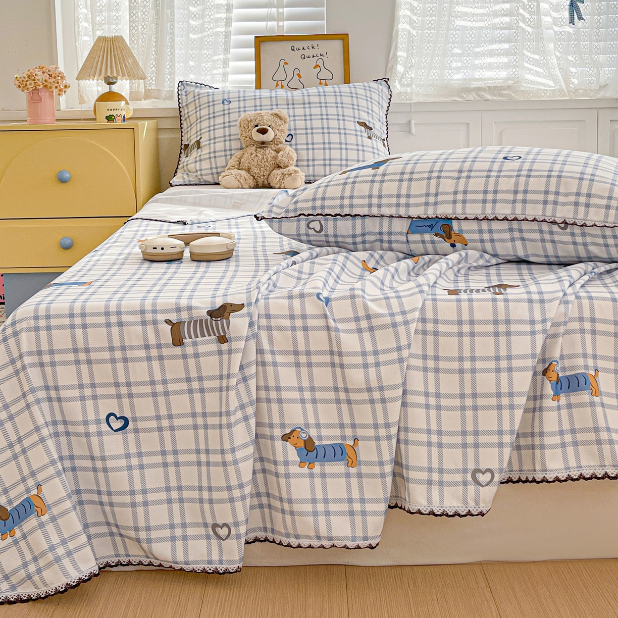 91家纺网 家纺一手货源 找家纺 纽缦家纺 2026新款舒适透气细沙卡通印花花边老粗布床单凉席席子 英伦小狗-蓝