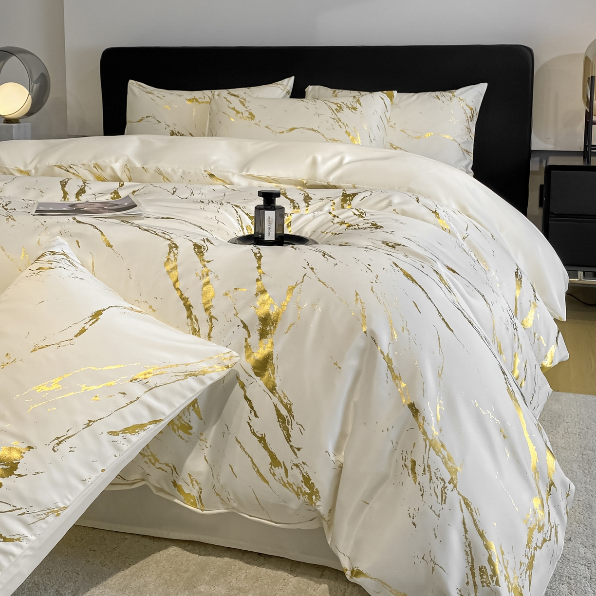 91家纺网 家纺一手货源 找家纺 （总）宇航家纺 2026新款简约烫金冷淡风水洗真丝四件套-大理石纹系列