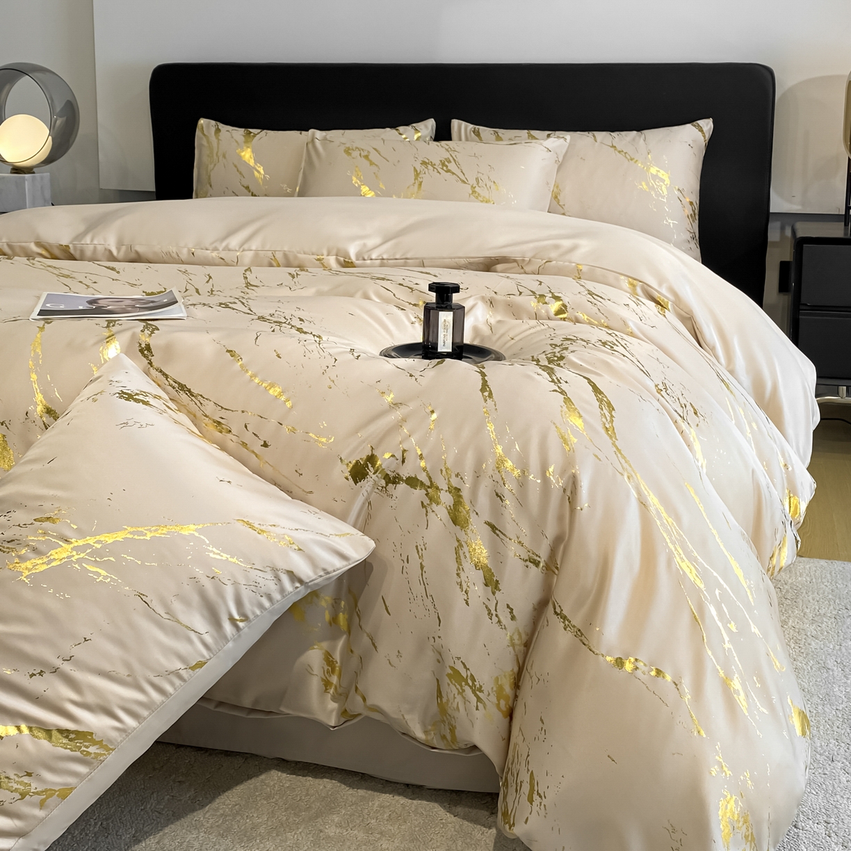 91家纺网 家纺一手货源 找家纺 （总）宇航家纺 2026新款简约烫金冷淡风水洗真丝四件套-大理石纹系列