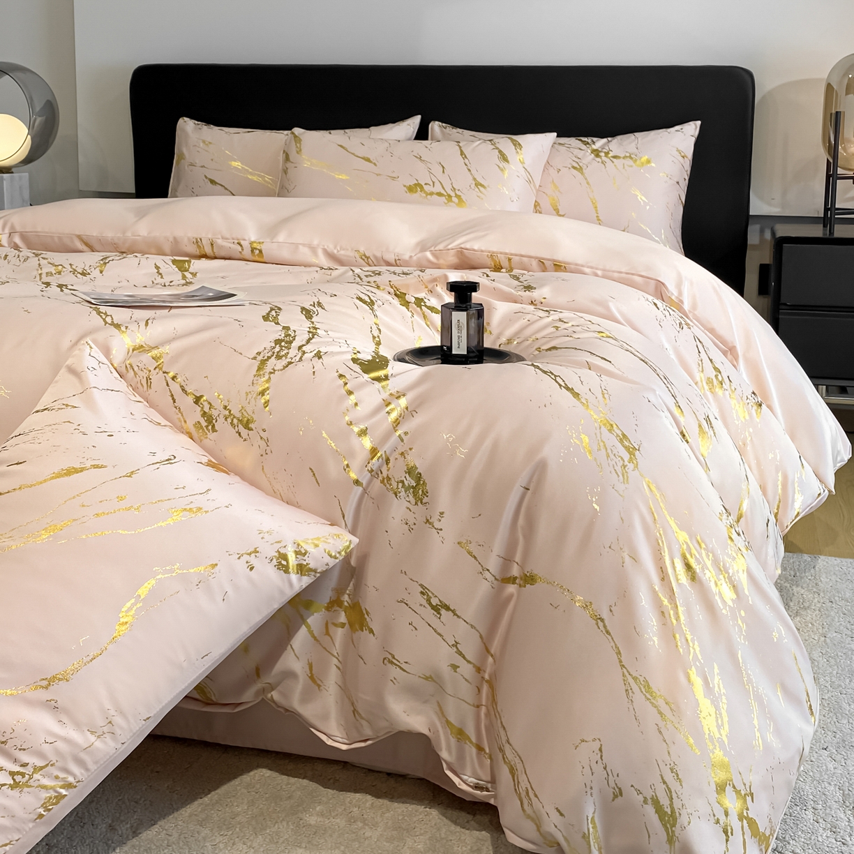 91家纺网 家纺一手货源 找家纺 （总）宇航家纺 2026新款简约烫金冷淡风水洗真丝四件套-大理石纹系列