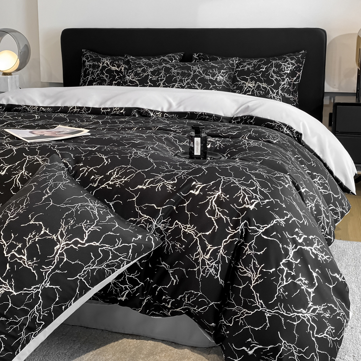 91家纺网 家纺一手货源 找家纺 （总）宇航家纺 2026新款简约烫金冷淡风水洗真丝四件套-大理石纹系列