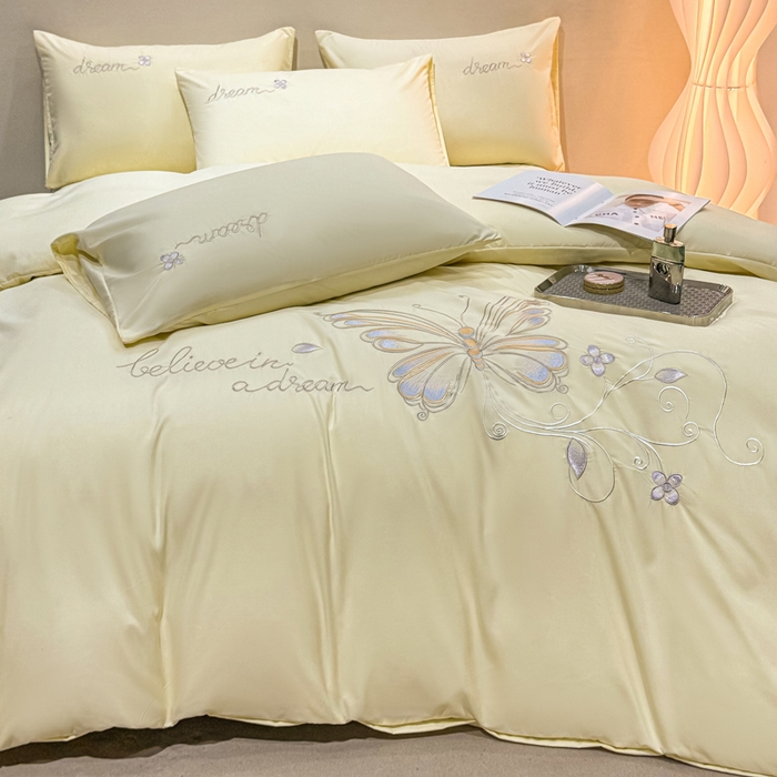 91家纺网 家纺一手货源 找家纺 七七家纺 2026新款加厚精工刺绣四件套-蝶舞 蝶舞-鹅黄
