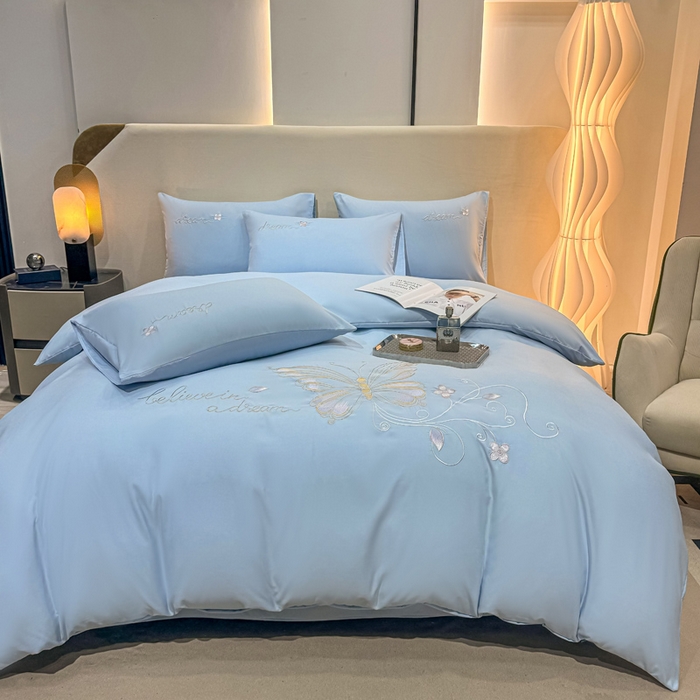 91家纺网 家纺一手货源 找家纺 七七家纺 2026新款加厚精工刺绣四件套-蝶舞 蝶舞-天蓝