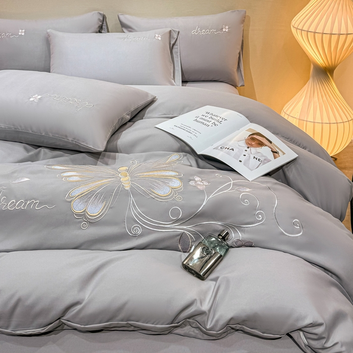 91家纺网 家纺一手货源 找家纺 七七家纺 2026新款加厚精工刺绣四件套-蝶舞 蝶舞-银灰