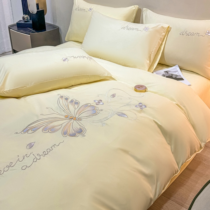 七七家纺 2026新款加厚精工刺绣四件套-蝶舞 蝶舞-鹅黄