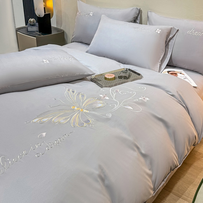 七七家纺 2026新款加厚精工刺绣四件套-蝶舞 蝶舞-银灰
