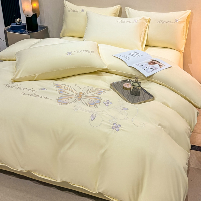 91家纺网 家纺一手货源 找家纺 七七家纺 2026新款加厚精工刺绣四件套-蝶舞 蝶舞-鹅黄
