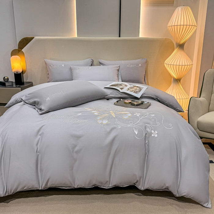 91家纺网 家纺一手货源 找家纺 七七家纺 2026新款加厚精工刺绣四件套-蝶舞 蝶舞-银灰